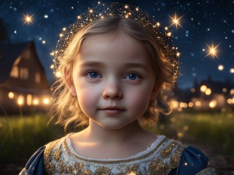 Portrait of a Young Girl with Magical Starry Halo at Night