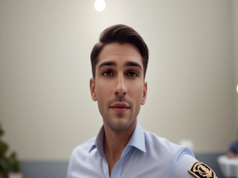 Portrait of a Young Man in Light Blue Shirt Indoors