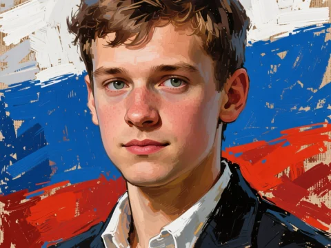 Portrait of a Young Man with Russian Flag Background