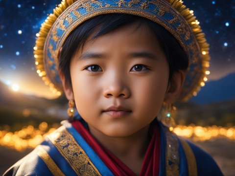 Portrait of a Young Tibetan Child in Traditional Attire at Dusk