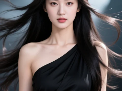 Portrait of a Young Woman in Black Dress with Flowing Hair