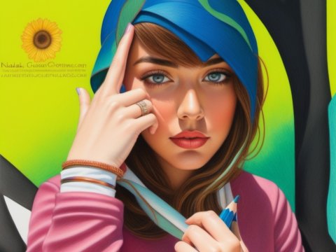 Portrait of a Young Woman in Blue Headscarf Holding Pencil