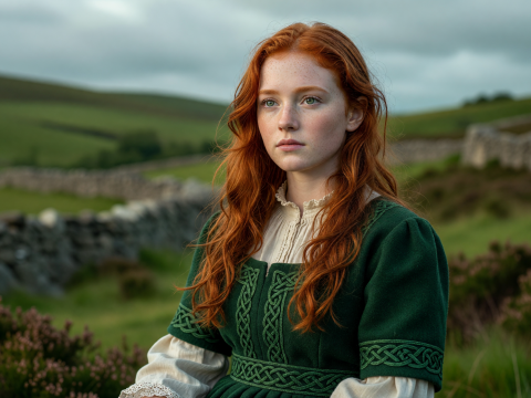 Portrait of a Young Woman in Celtic Green Dress in Countryside