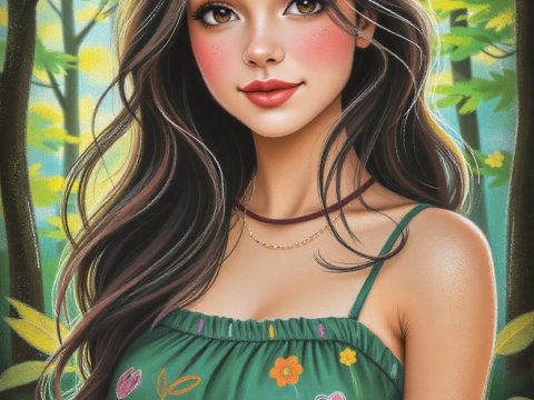 Portrait of a Young Woman in Floral Dress in Forest