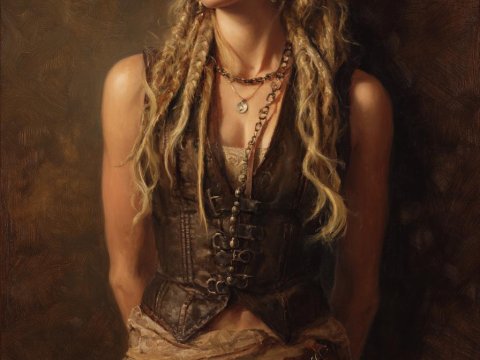 Portrait of a Young Woman in Rustic Leather Attire