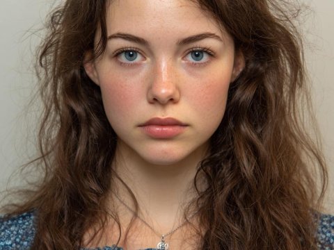 Portrait of a Young Woman with Blue Eyes and Curly Hair