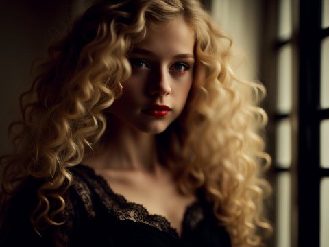 Portrait of a Young Woman with Curly Blonde Hair by Window