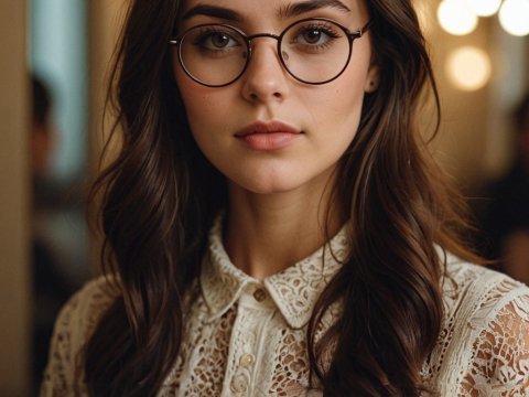 Portrait of a Young Woman with Glasses in Warm Indoor Light