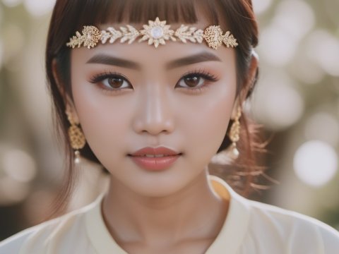 Portrait of a Young Woman with Golden Floral Headpiece