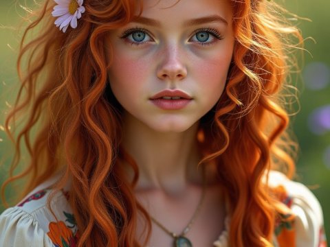 Portrait of a Young Woman with Red Hair and Floral Headband