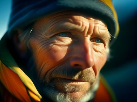 Portrait of an Elderly Alpinist in Outdoor Gear