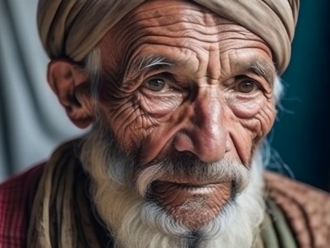 Portrait of an Elderly Man with Deep Wrinkles and Traditional Headwear