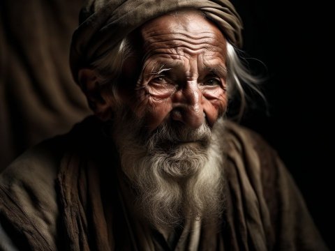 Portrait of an Elderly Man with Deep Wrinkles and White Beard