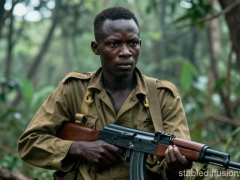 Portrait of Armed Rebel in Dense Jungle