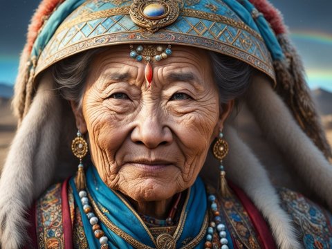 Portrait of Elderly Mongolian Woman in Traditional Attire