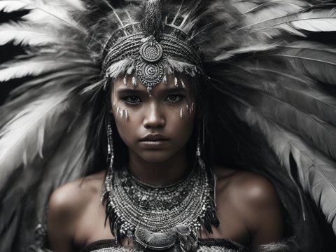 Portrait of Indigenous Woman in Ornate Feather Headdress