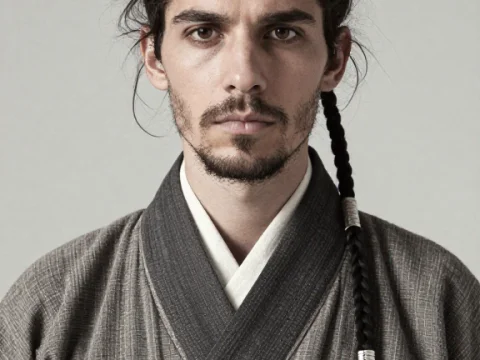 Portrait of Man in Traditional Asian-Inspired Robe with Braided Hair