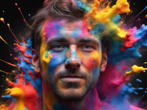 Portrait of Man with Exploding Colorful Paint