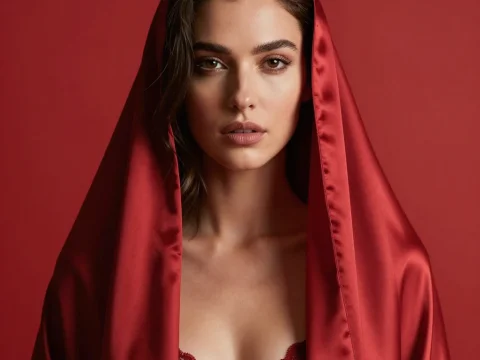 Portrait of Woman Draped in Red Satin Fabric