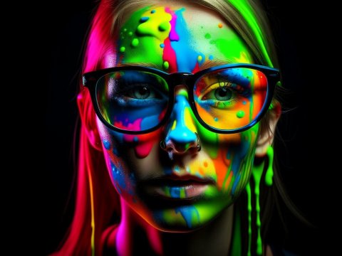 Portrait of Woman with Neon Paint and Glasses