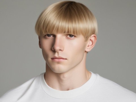 Portrait of Young Man with Blonde Bowl Cut Hairstyle