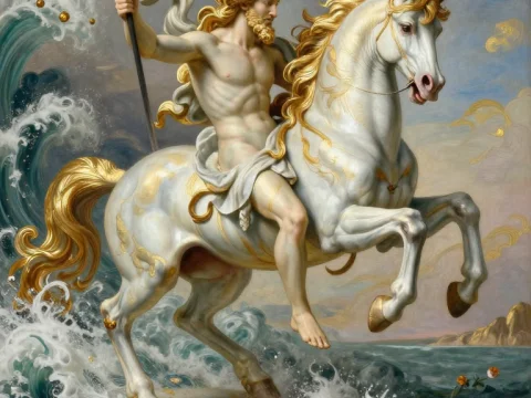 Poseidon Surfing on a Majestic White Horse