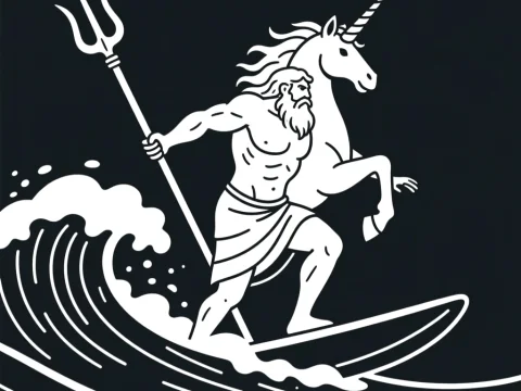 Poseidon Surfing with a Unicorn
