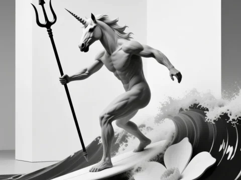 Poseidon Unicorn Surfing a Wave with Trident