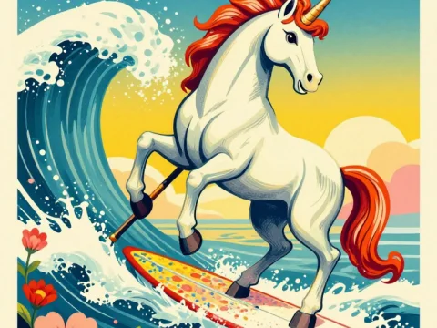 Poseidon Unicorn Surfing on Colorful Waves