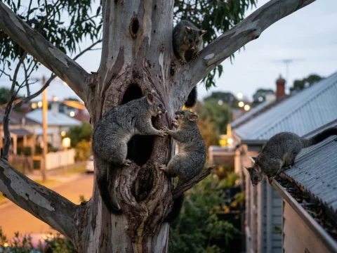 Possums Gathering in Urban Parkland at Dusk