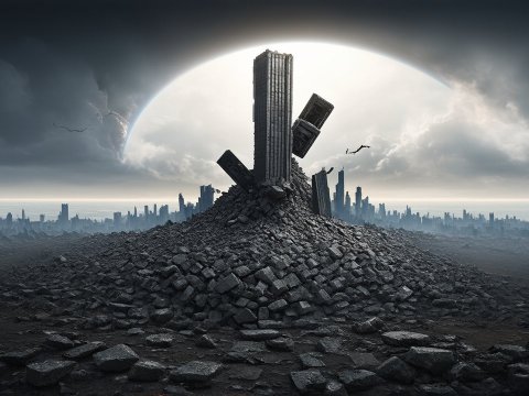 Post-Apocalyptic City Ruins Under a Giant Planet