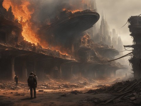 Post-Apocalyptic Cityscape with Burning Ruins and UFO