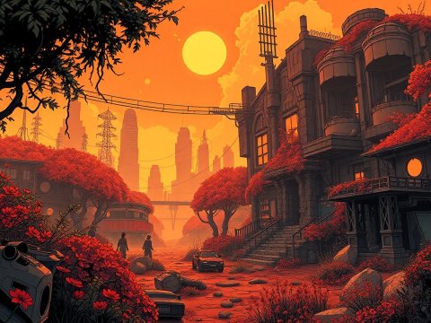 Post-Apocalyptic Cityscape with Overgrown Red Foliage at Sunset