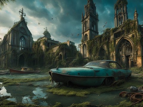 Post-Apocalyptic Flooded Gothic Cityscape