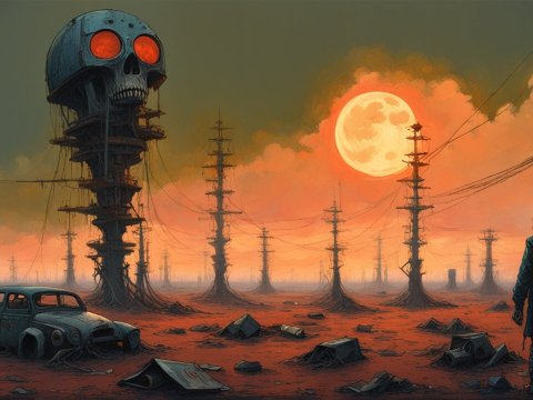 Post-Apocalyptic Landscape with Giant Skull Tower at Sunset