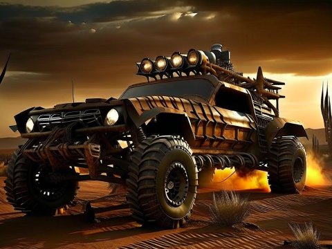 Post-Apocalyptic Offroad Car in Desert Sunset