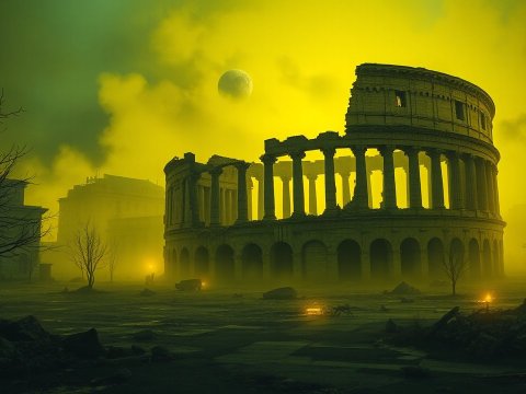 Post-Apocalyptic Ruins of the Colosseum in Yellow Mist