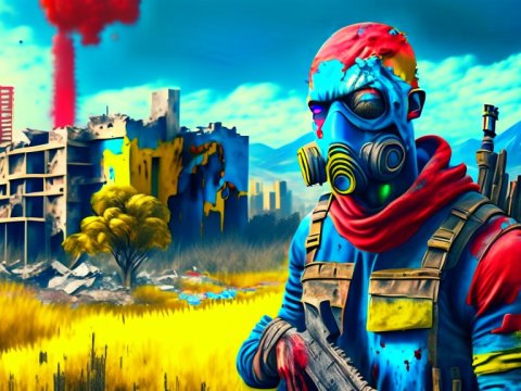 Post-Apocalyptic Soldier in Vibrant Ruins