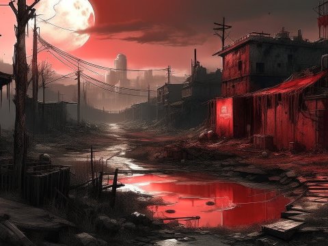 Post-Apocalyptic Urban Landscape at Blood Moon