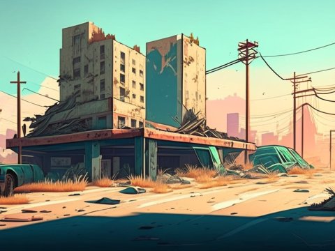 Post-Apocalyptic Urban Ruins at Sunset