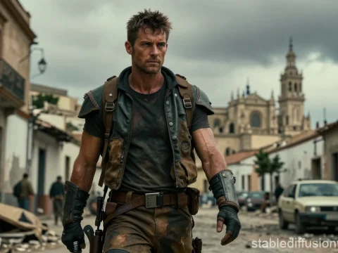 Post-Apocalyptic Warrior in Deserted Urban Ruins