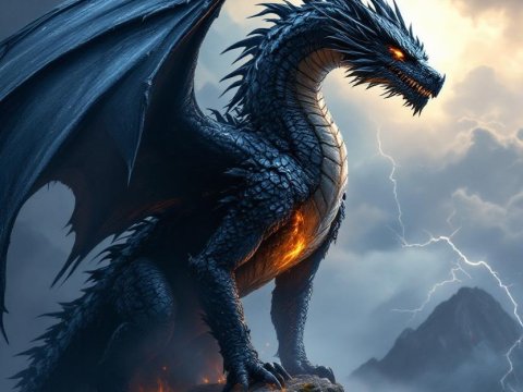 Powerful Dark Dragon on Rocky Peak with Fiery Core