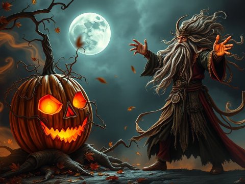 Powerful Druid Summoning a Living Pumpkin Under Full Moon