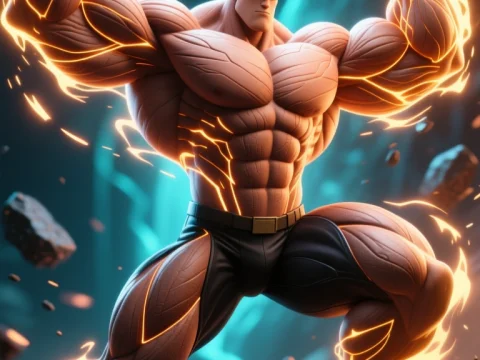 Powerful Muscular Hero with Fiery Energy