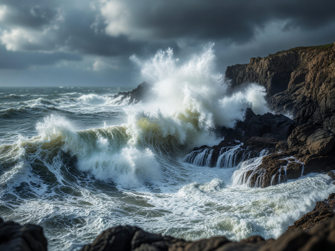 Powerful Ocean Waves Crashing Against Rocky Cliffs
