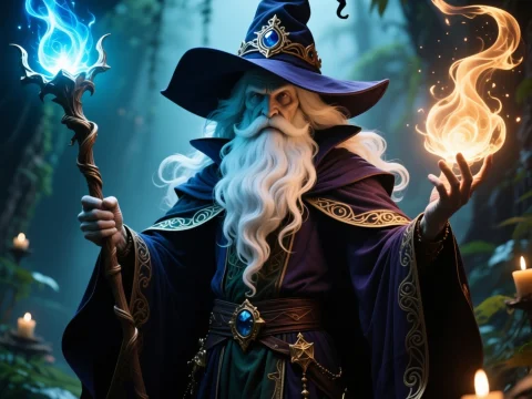 Powerful Wizard Casting Dual Elemental Spells in Enchanted Forest