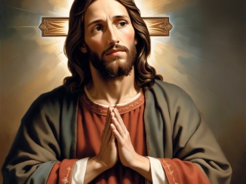 Praying Jesus with Radiant Halo and Cross