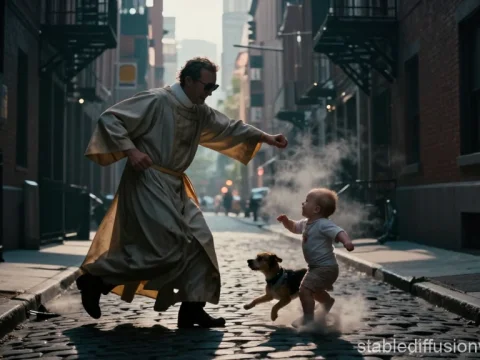 Priest and Baby Playfully Interacting on Cobblestone Street