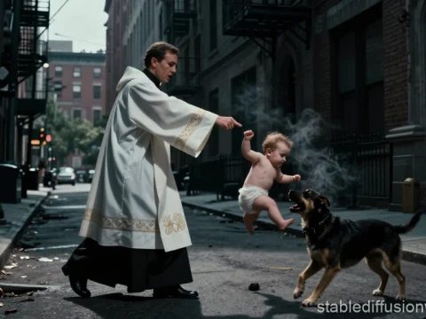 Priest Protecting Baby from Dog in Urban Alley