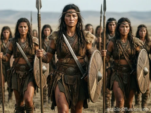 Primitive Warrior Women Marching in Formation
